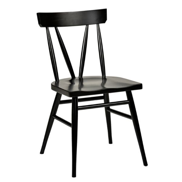 A black dining chair with a wooden seat and backrest, constructed in a solid black color.