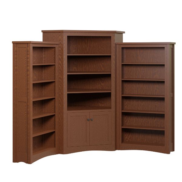 A brown maple wood corner bookcase with adjustable shelves and a drawer, finished in a driftwood stain.