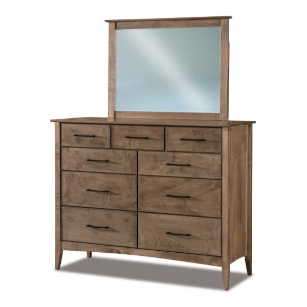 A brown maple wood dresser with a mirror, featuring a rectangular shape, multiple drawers, and a visible wood grain pattern.