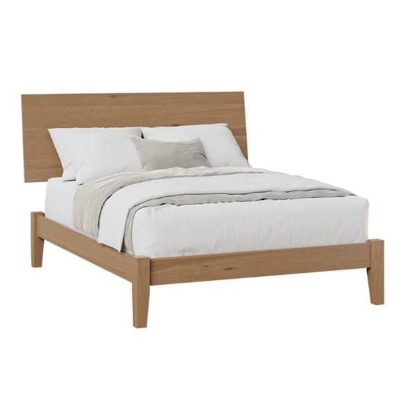 A Queen-sized bed with a wooden headboard and footboard, made from brown maple wood, with a beige stain. The bed is dressed with white and gray bedding.