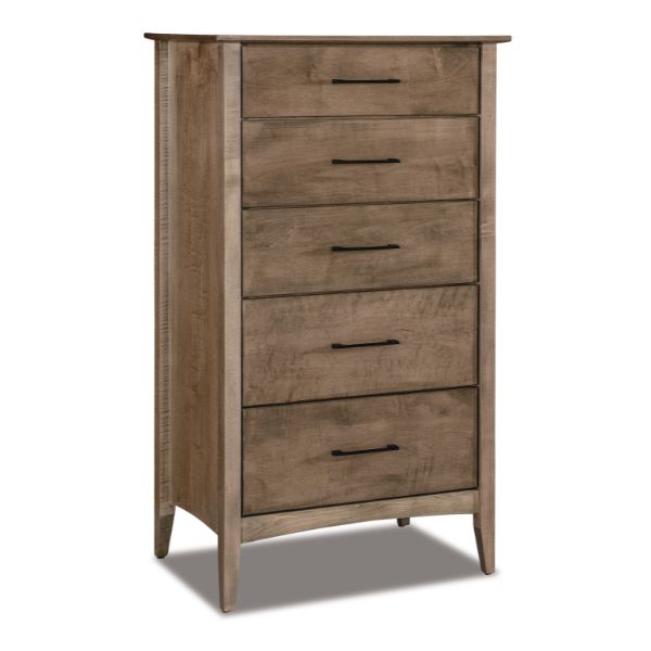 A brown maple wood chest of drawers with six drawers, full extension drawer slides, and a mirror on the top.