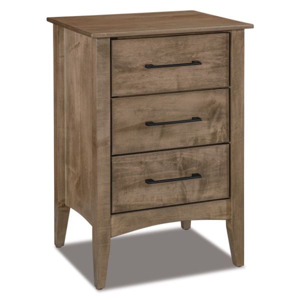 A brown wooden nightstand with three drawers and metal handles.