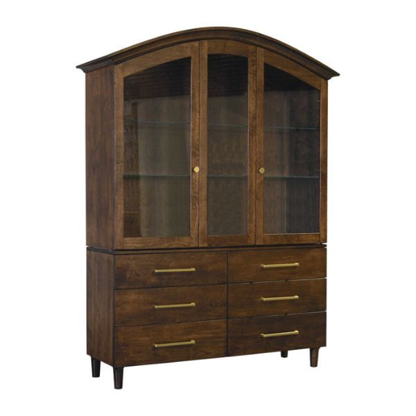 Wooden cabinet with glass doors and drawers on a white background