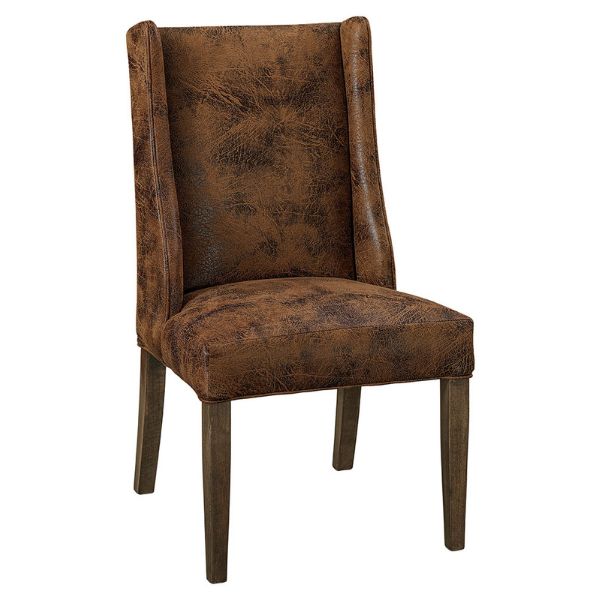 A fully upholstered Benton Dining Chair with brown fabric and wooden legs, shown from a front angle.