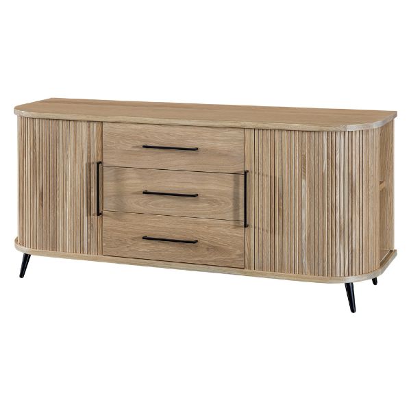 A contemporary wooden media stand with sliding doors, full extension drawer slides, and metal splayed legs.