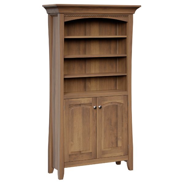 A brown maple wood bookcase with curved legs and a raised panel door.