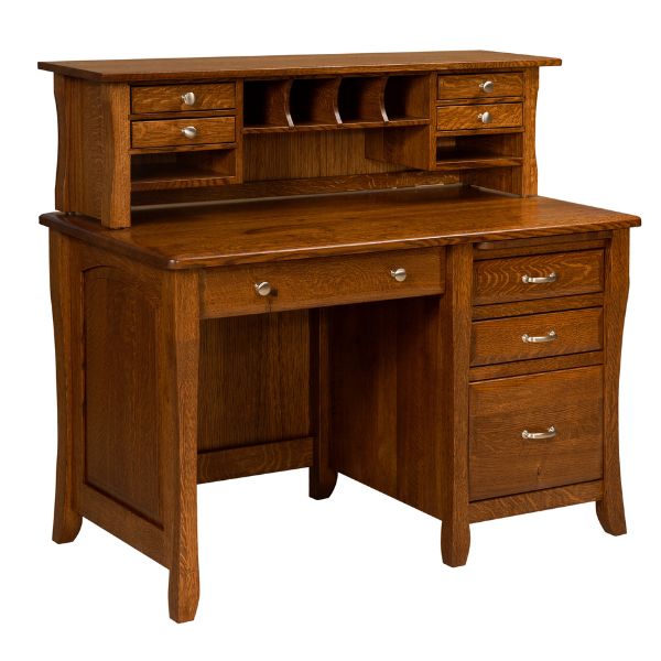 A Berkley desk with curved legs, a hutch top, and multiple drawers in a rustic finish.