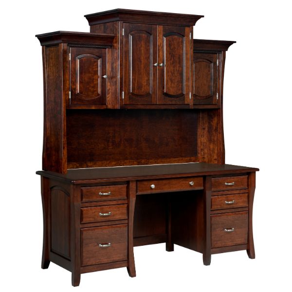 A rustic cherry finish desk with a hutch top, featuring curved legs, raised panel doors, and multiple drawers.