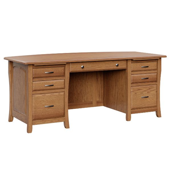 A contemporary style executive desk made of oak with a lift top in brown maple, featuring curved legs, wide crown molding, and multiple drawers.