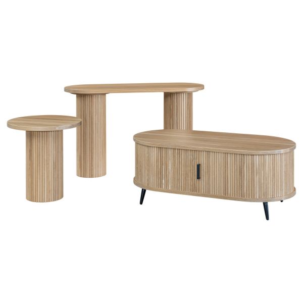 A set of Berkeley Occasional Collection furniture, including a round coffee table, an oval coffee table, a sofa table, and end tables, all with wooden fluted bases and metal splayed legs.