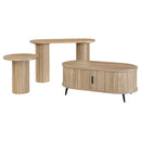 A set of Berkeley Occasional Collection furniture, including a round coffee table, an oval coffee table, a sofa table, and end tables, all with wooden fluted bases and metal splayed legs.