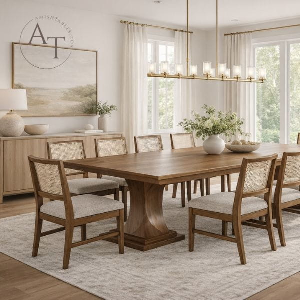 Dining room with wooden table and chairs, large windows, and decorative elements.