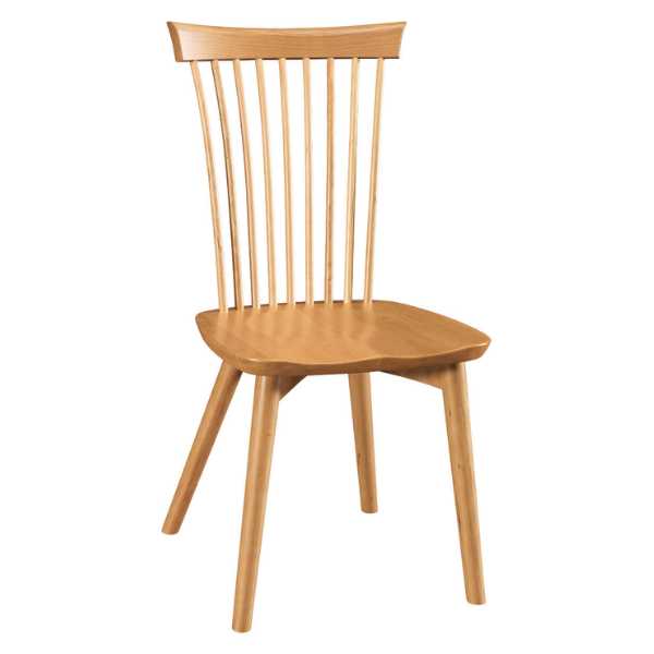 A classic style dining chair with a wood seat and slatted back, shown in a natural cherry wood finish.