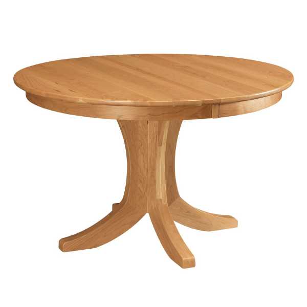 A round Bersina pedestal dining table made of wood with a smooth finish and a rounded bottom edge, supported by a central pedestal base.