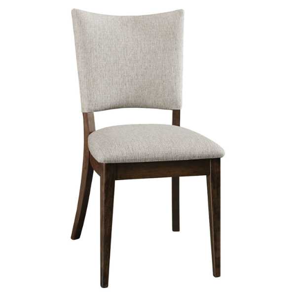A classic styled fully upholstered dining chair with a wooden frame in brown color and fabric upholstery in a neutral shade.