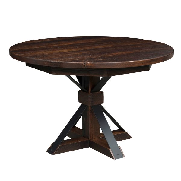A round Borden Single Pedestal Extension Table with a reclaimed barnwood top and a wood base with metal accents.