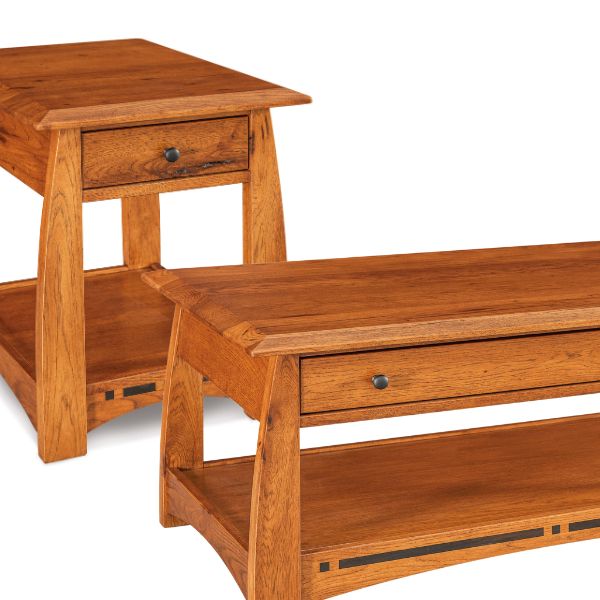 A set of wooden occasional tables including an end table and a coffee table, with visible wood grain and drawer.