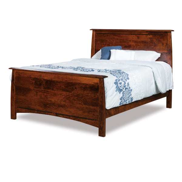 A solid panel bed with a rustic cherry wood finish and a vintage antique stain, featuring a low footboard and a mission-style headboard.
