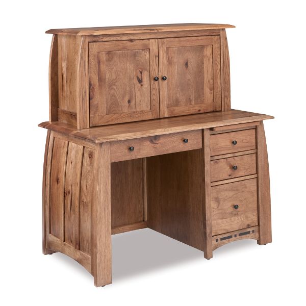 A traditional Boulder Creek Desk with a hutch top, made of wood with a rustic finish, featuring lift up doors and multiple drawers.