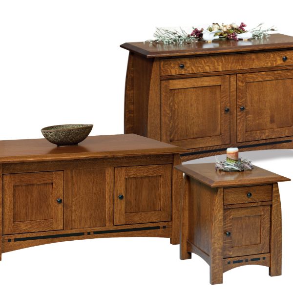 A collection of three brown wooden occasional tables with a rectangular shape, including a coffee table, an end table, and a lift top coffee table, each with a solid top and full-extension drawers.