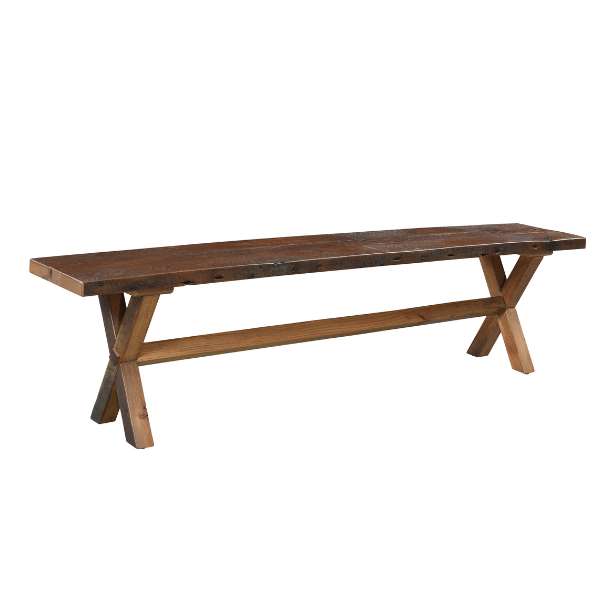 A solid trestle bench made of reclaimed hardwood with a brown barnwood finish.