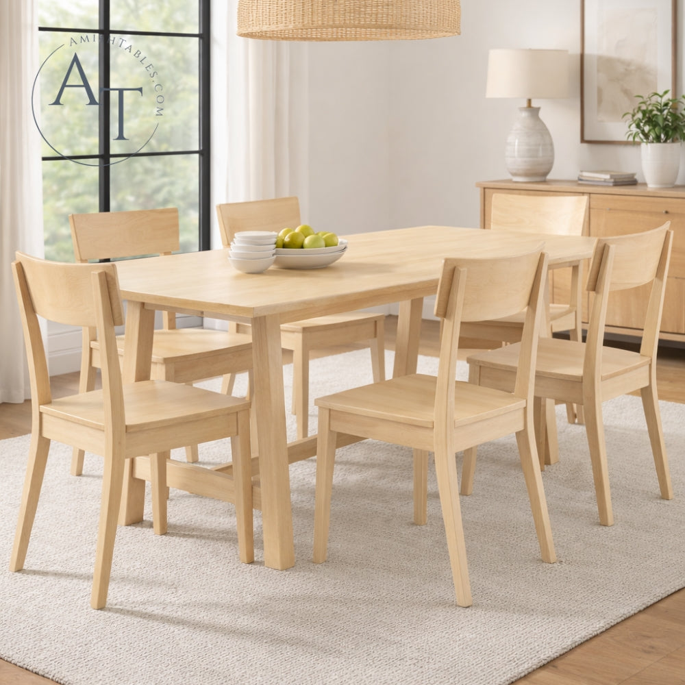 Dining room with wooden table and chairs in a well-lit room.