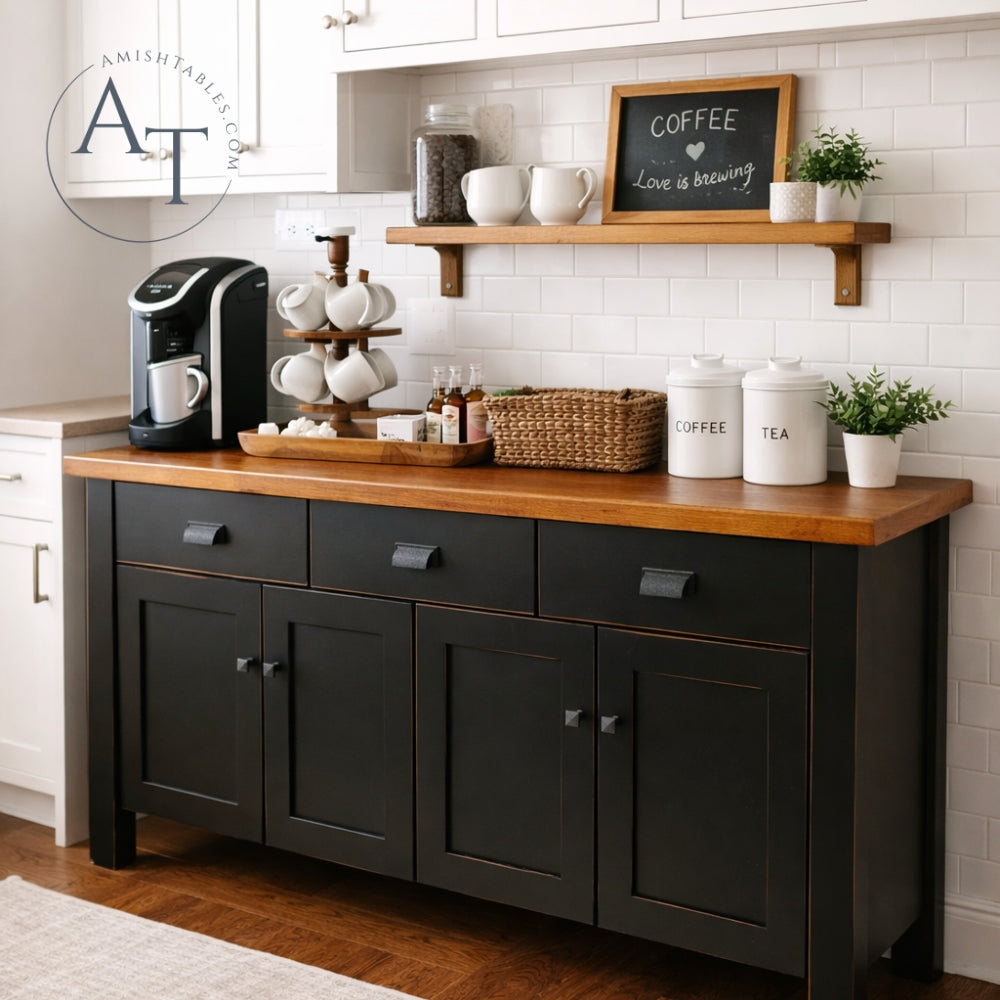 Kitchen counter with black cabinet, wooden top, and coffee-themed decor.