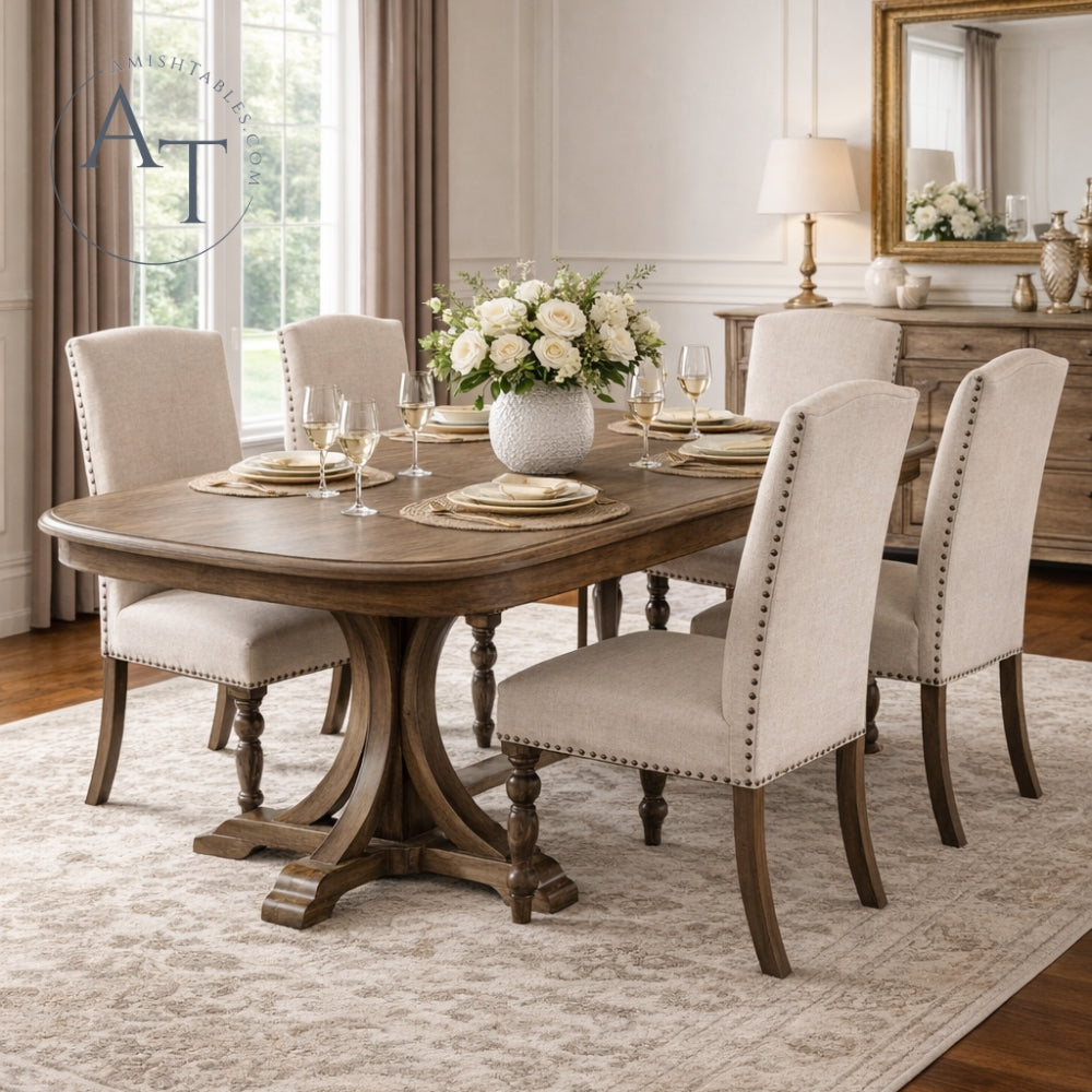 Dining room with wooden table and upholstered chairs, featuring a vase of flowers.