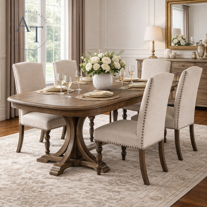 Dining room with wooden table and upholstered chairs, featuring a vase of flowers.