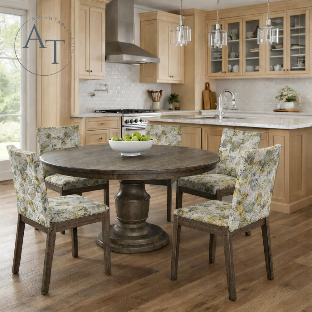 Dining area with wooden table and chairs in a kitchen setting