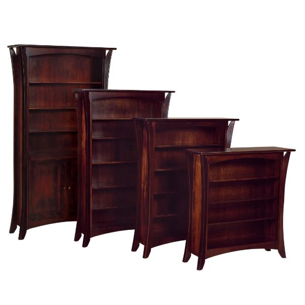 A set of three Caledonia bookcases in a brown maple finish, with curved legs and adjustable shelves, displayed in a casual contemporary style.