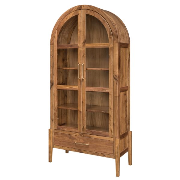 A mid-century styled brown wooden bookcase with full-length glass doors and multiple shelves.