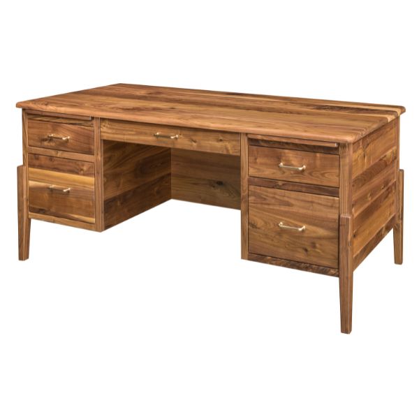 A rustic walnut brown wooden executive desk with a matching wood drawer, constructed from solid hardwood and finished with a natural walnut stain.