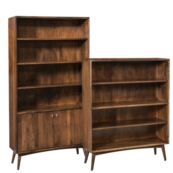 Two brown maple wood bookcases with adjustable shelves and mid-century style legs.