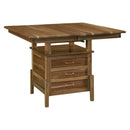 A rectangular Century Cabinet pub extension table with a rustic walnut finish, featuring a butterfly leaf extension and gold-colored hardware.
