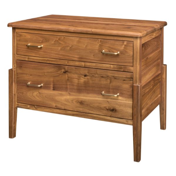 A rustic walnut lateral file cabinet with a natural finish, featuring one file drawer and one storage drawer, made of solid hardwood and constructed in the USA.