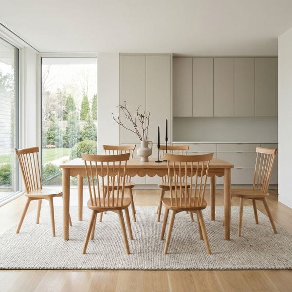 Dining area with wooden table and chairs in a modern kitchen.