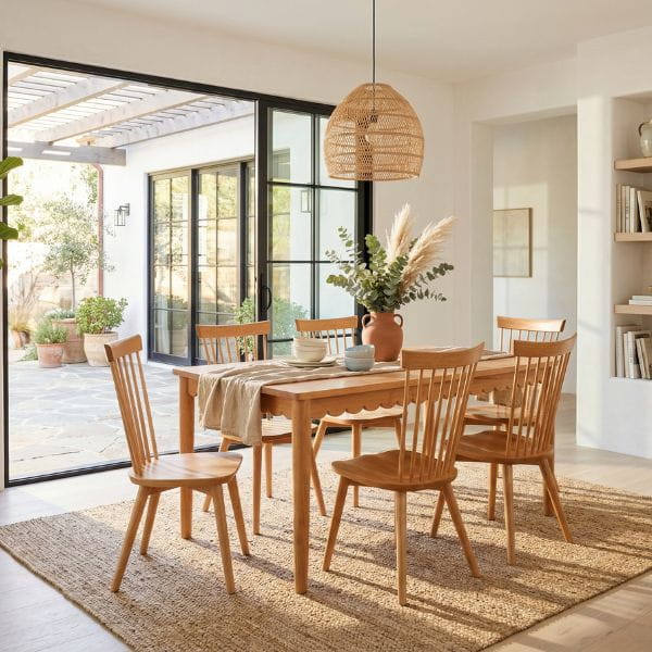 Dining room with wooden table and chairs, plants, and a rug.