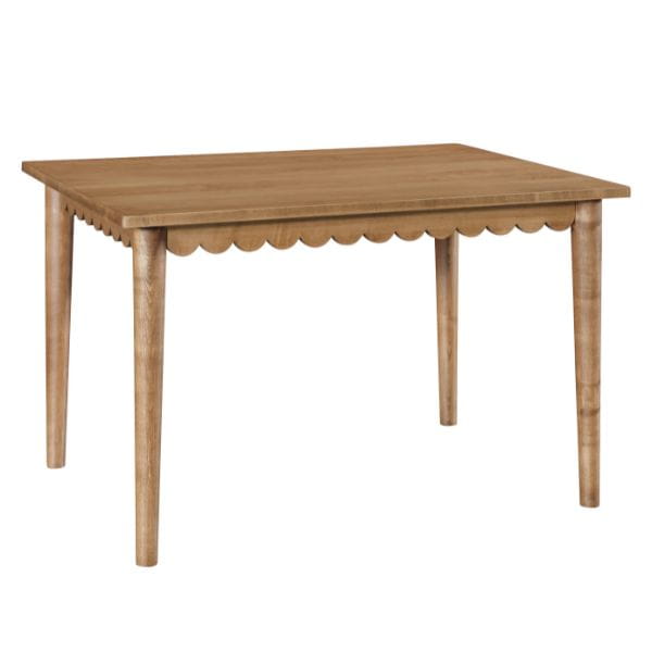 Wooden table with scalloped edge on a white background
