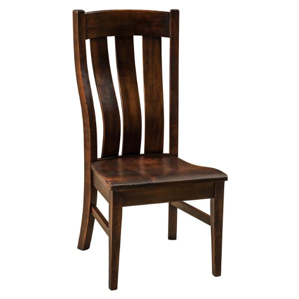 A traditional style dining chair with a wooden frame and seat, featuring a slatted backrest.