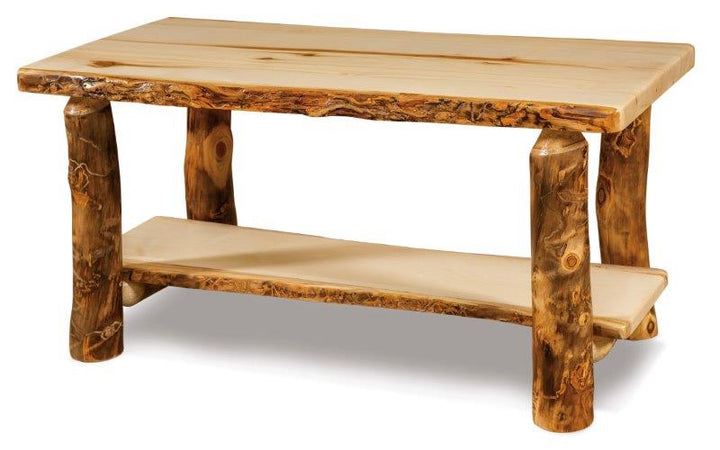 A rustic log coffee table with a clear coat stain finish, featuring a rectangular tabletop and a lower shelf, constructed from solid hardwood.