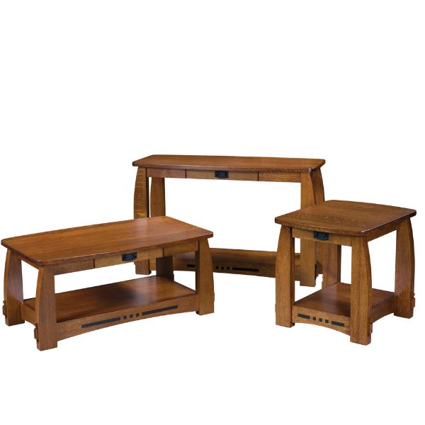 Three Colebrook Open Occasional Tables in different sizes and styles, made of wood, with visible drawers and lift-top coffee table option.