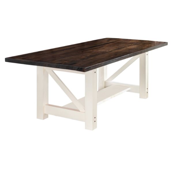 Wooden table with dark brown top and white legs on a white background