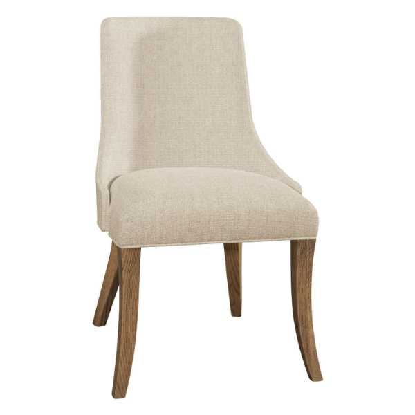 A classic styled fully upholstered Crescent Dining Chair with beige fabric on a wooden frame.