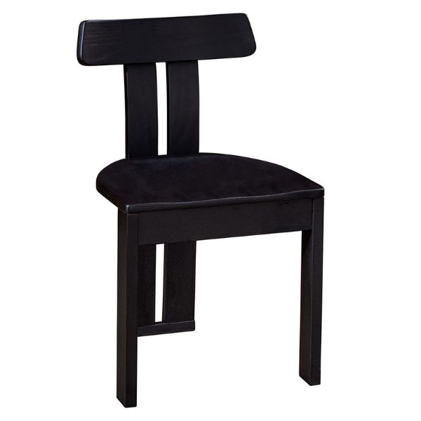 A modern styled dining chair with a slatted back and a wood seat, shown in black color.