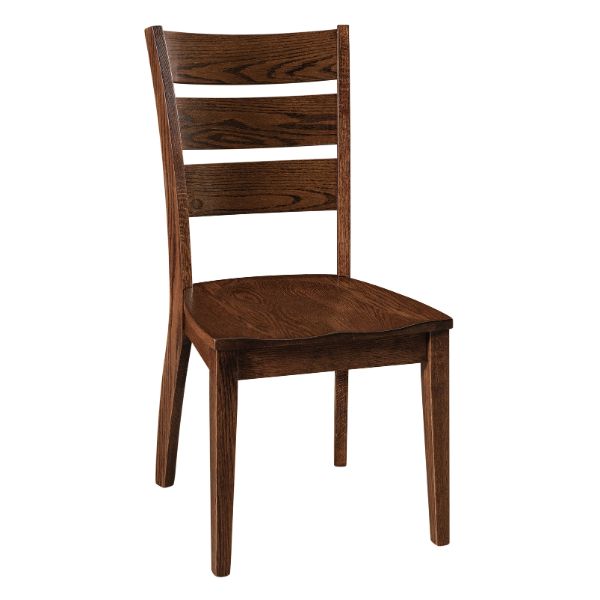 A wooden side chair with a brown seat and backrest, showcasing a straight back design and a medium wood finish.