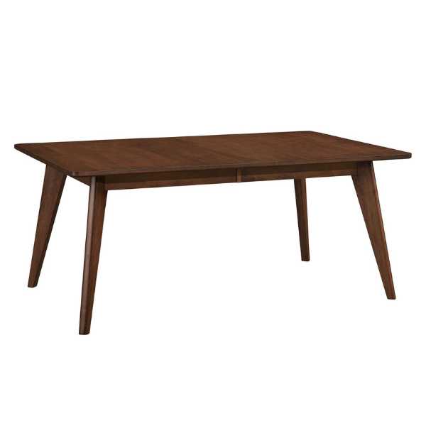 A rectangular brown wooden dining table with a smooth finish and mission edge, supported by tapered legs.