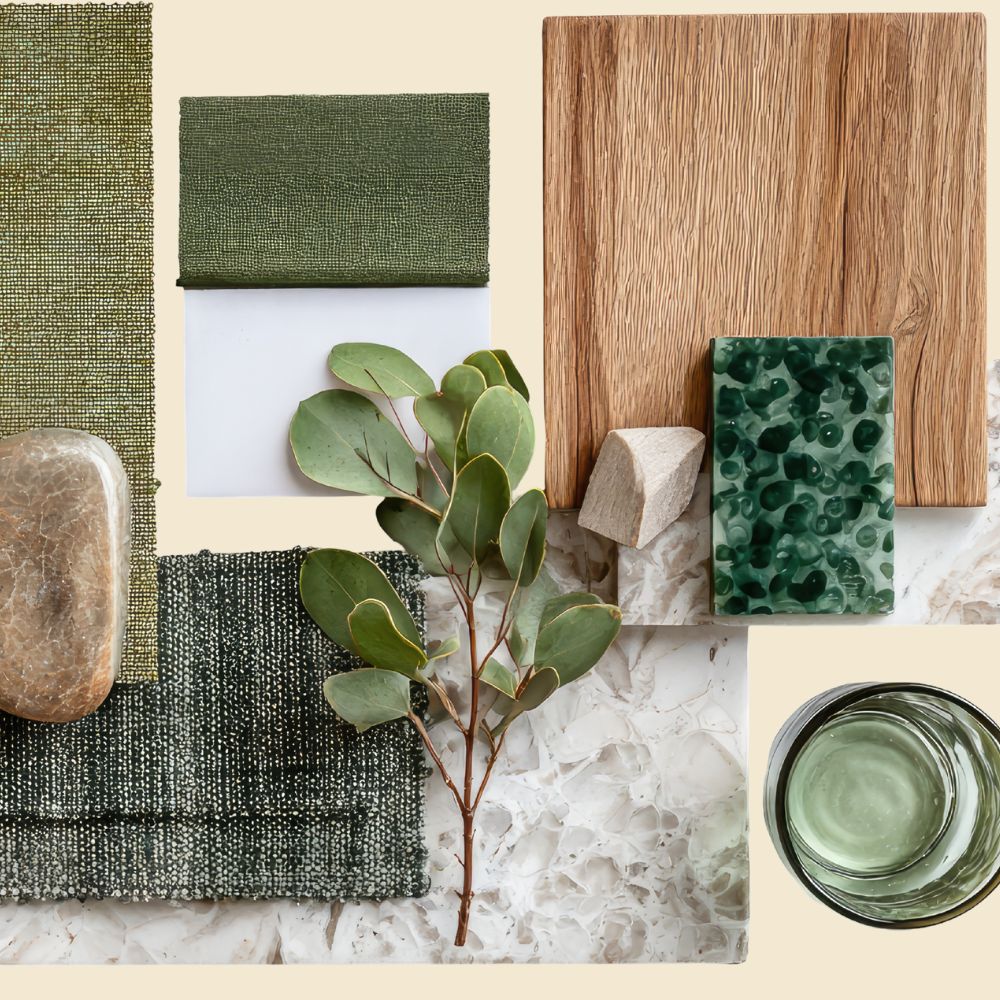Collage of green and wood textures with a plant and stone on a neutral background