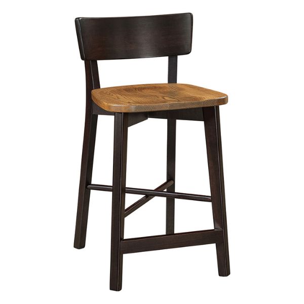 A bar stool with a brown wood seat and dark brown wooden frame, featuring a backrest and a footrest.