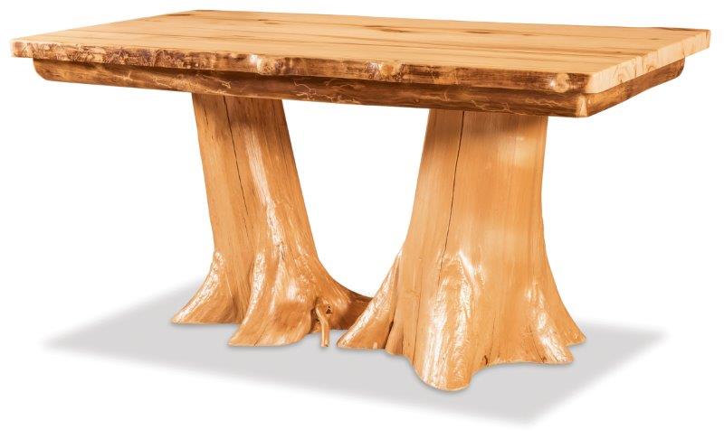 Rustic double stump dining table with a natural wood finish and a double stump base.